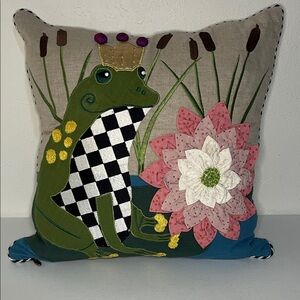 MacKenzie-Childs Blue and Green Pillow with Gold Tag